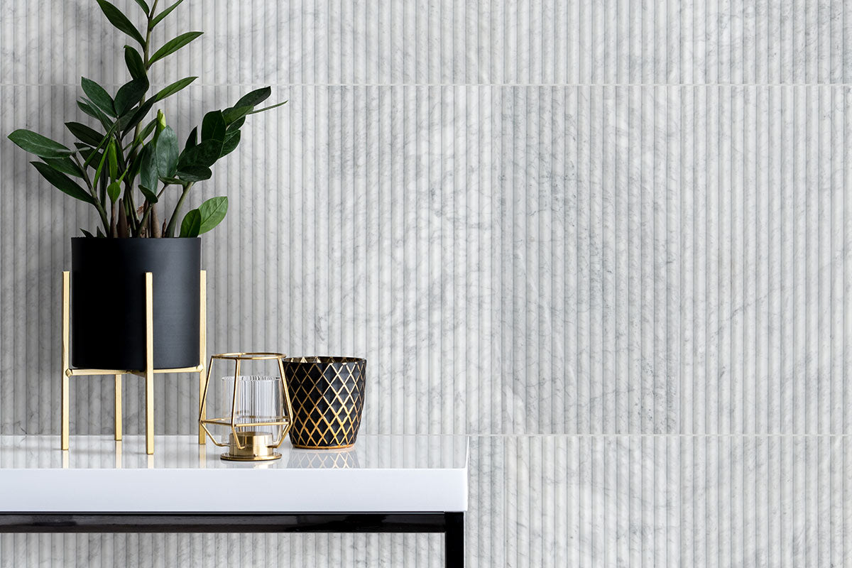 MSI Carrara White Milano Ribbo 12 x 24 Honed Marble tile (TCARWHT1224MR) – MSI room scene (living room)