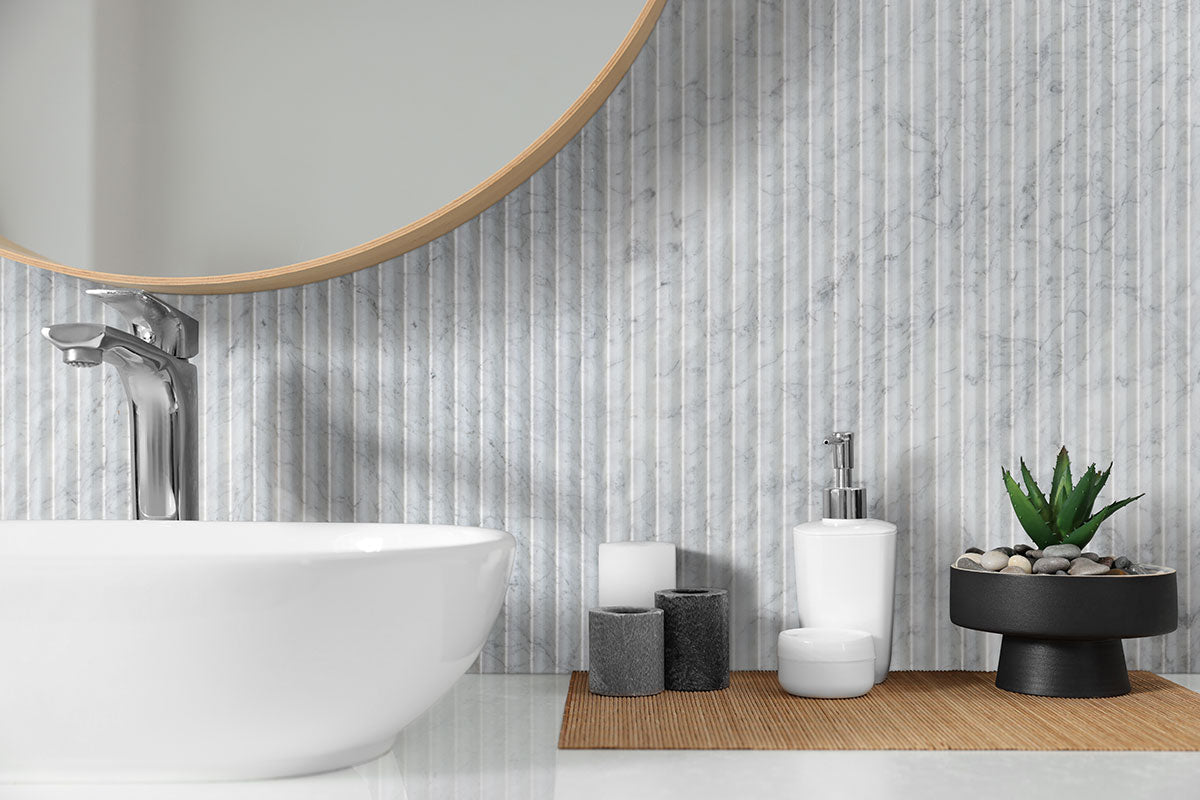 MSI Carrara White Valentino Fluto 12 x 24 Honed Marble tile (TCARWHT1224VF) – MSI room scene (bathroom)
