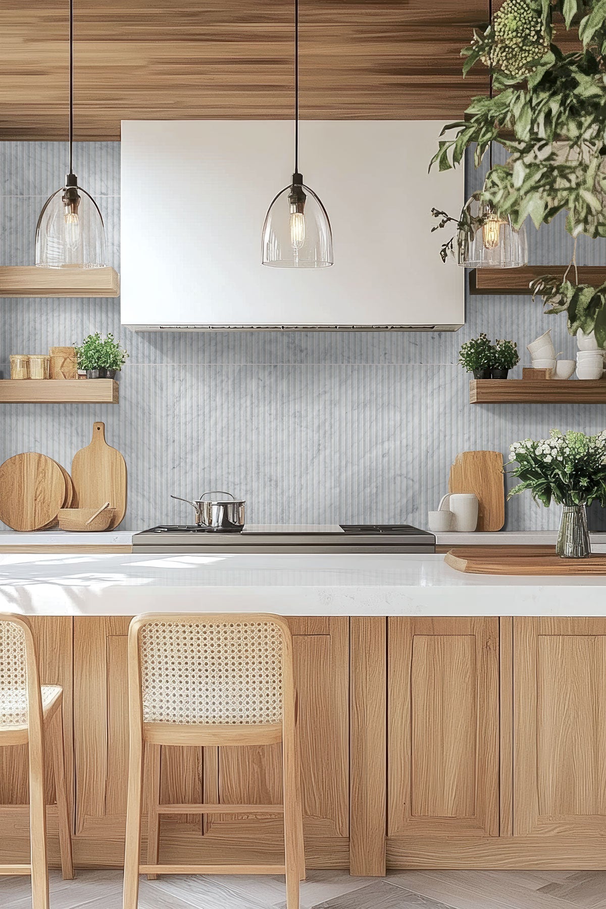 MSI Carrara White Valentino Fluto 12 x 24 Honed Marble tile (TCARWHT1224VF) – MSI room scene (kitchen)