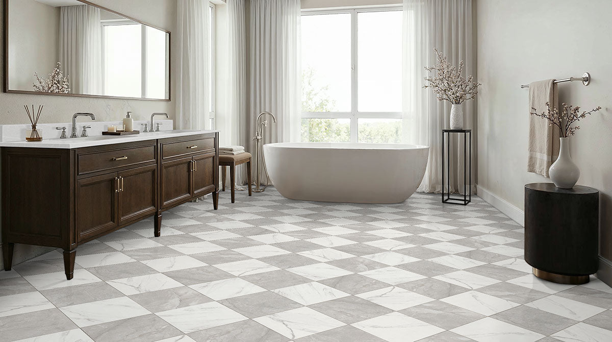 MSI Calacatta Grigio Checkered 24 x 24 Matte Porcelain tile (NCALGRICHE2424) – MSI room scene (bathroom)