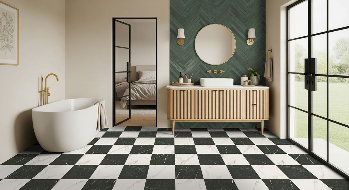 MSI Calacatta Marquina Checkered 24 x 24 Matte Porcelain tile (NCALMARCHE2424) – MSI room scene (bathroom)