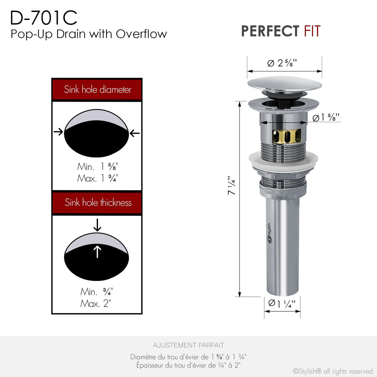 Stylish Pop-Up Bathroom Sink Drains Set with Overflow Polished Chrome D-701C2