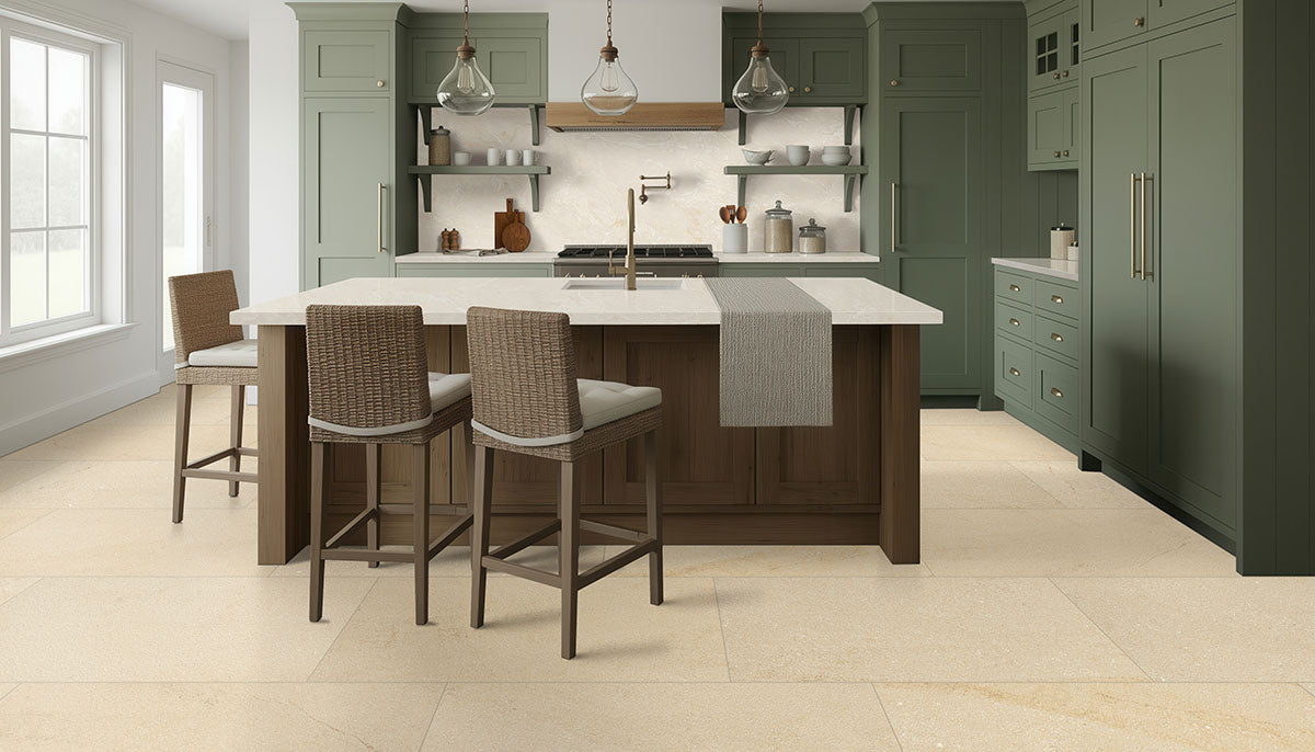 MSI Chateau Luna Blanc 12 x 24 Lappato Porcelain tile (NCHALUNBLA1224L-3D) – MSI room scene (kitchen)