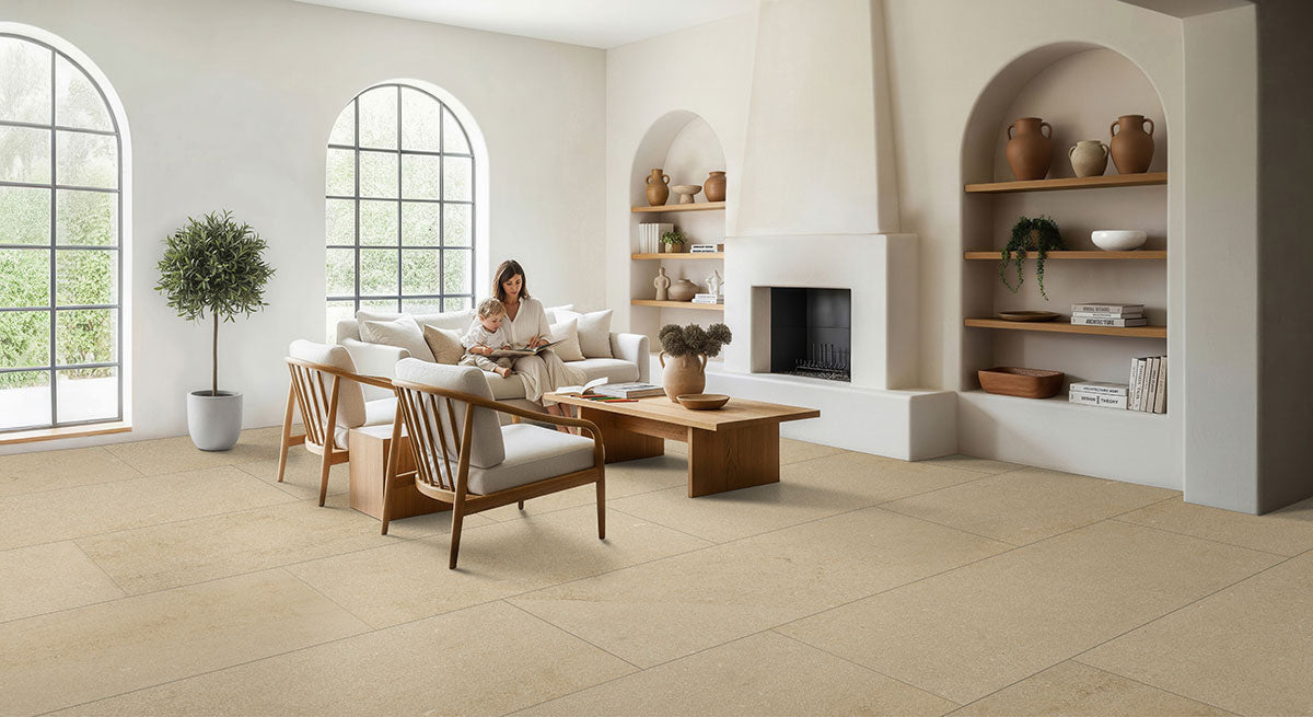 MSI Chateau Luna Blanc 12 x 24 Lappato Porcelain tile (NCHALUNBLA1224L-3D) – MSI room scene (living room)