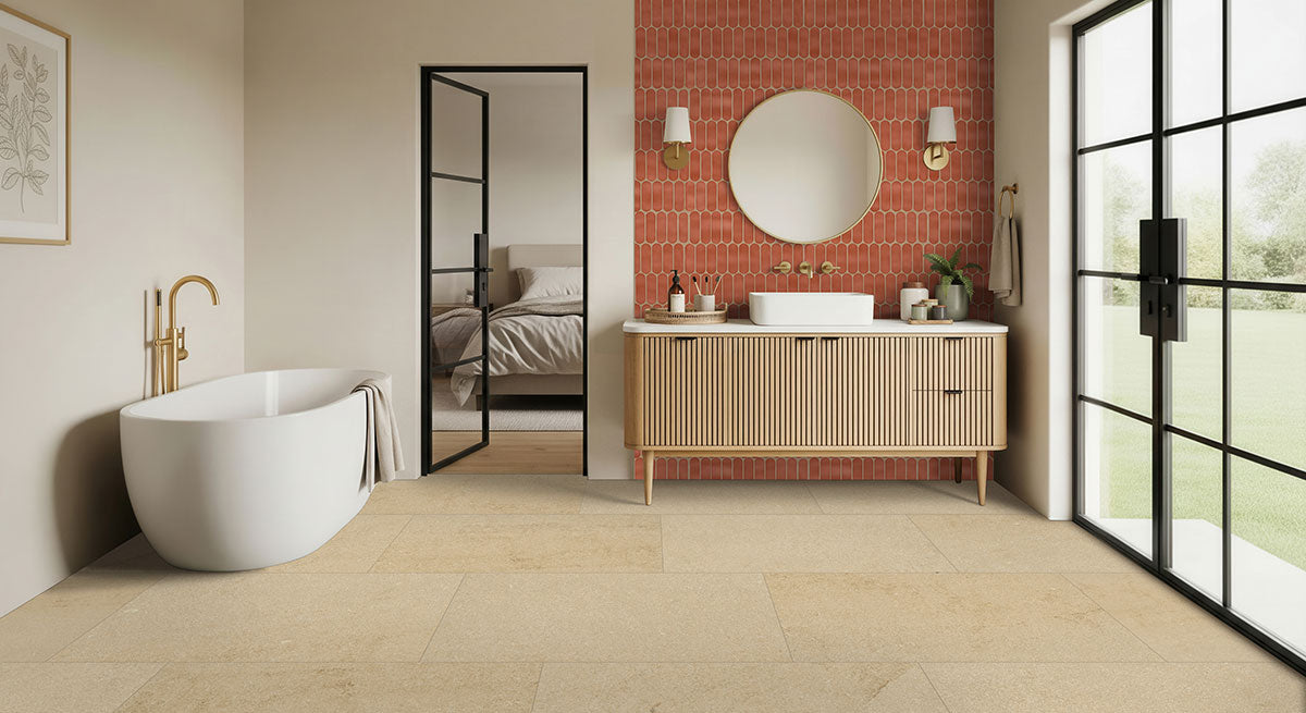 MSI Chateau Luna Sable 2 x 2 Lappato Porcelain mosaic (NCHALUNSAB2X2L-3D) – MSI room scene (bathroom)