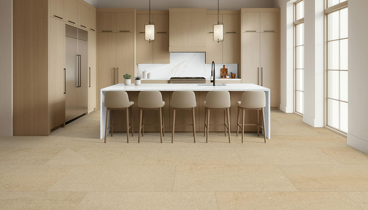 MSI Chateau Luna Sable 24 x 48 Lappato Porcelain tile (NCHALUNSAB2448L-3D) – MSI room scene (kitchen)