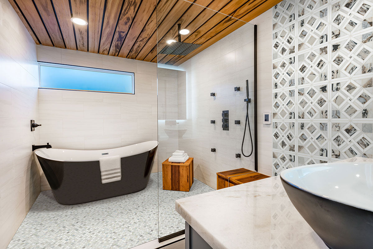MSI Cloudland Round Pattern Polished Marble mosaic (SMOT-CLOUDL-ROUP) – MSI room scene (bathroom)