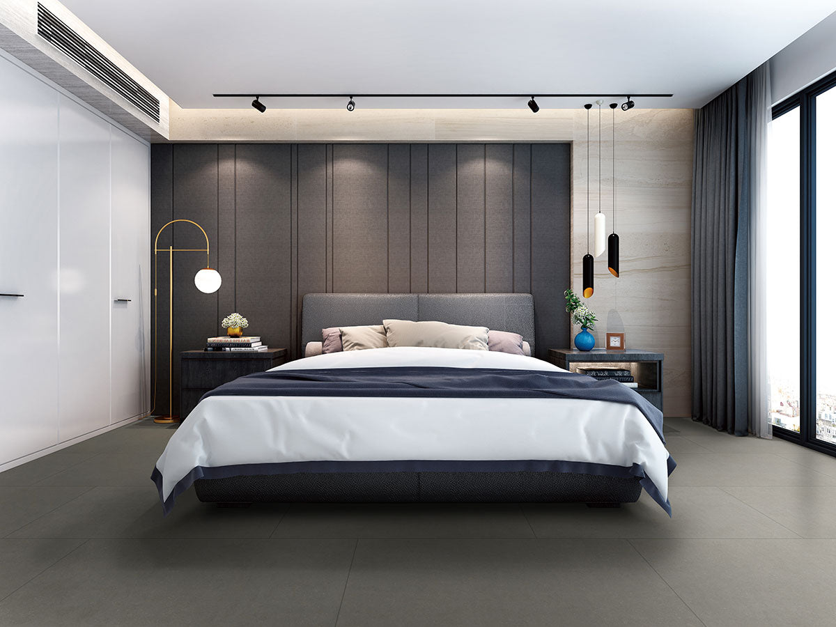 MSI Dimensions Concrete 24 x 24 Matte Porcelain tile (NDIMCON2424) – MSI room scene (bedroom)