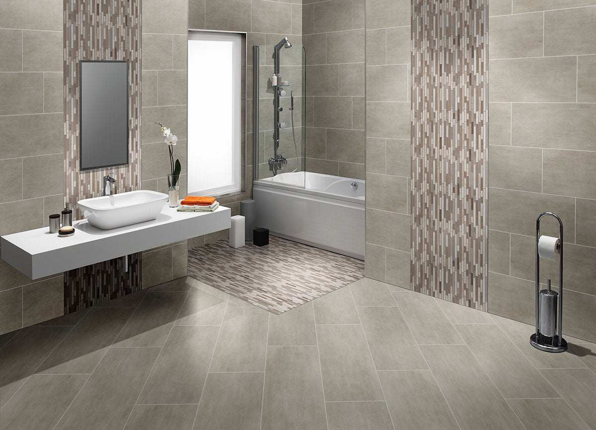 MSI Gridscale Concrete 3 x 18 Matte Ceramic trim (NGRICON3X18BN-K) – MSI room scene (bathroom)