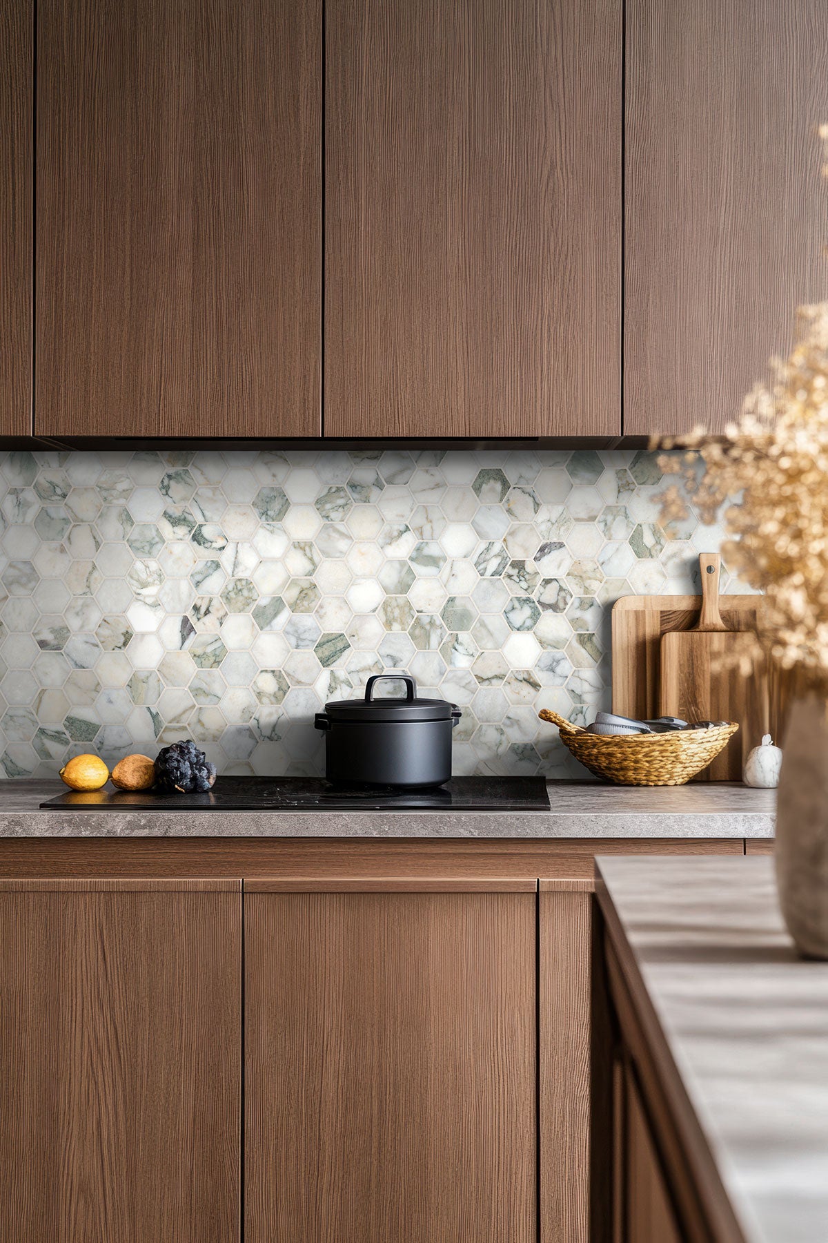 MSI Coronado 2" Hexagon Honed Marble mosaic (SMOT-COR-2HEXH) – MSI room scene (kitchen)