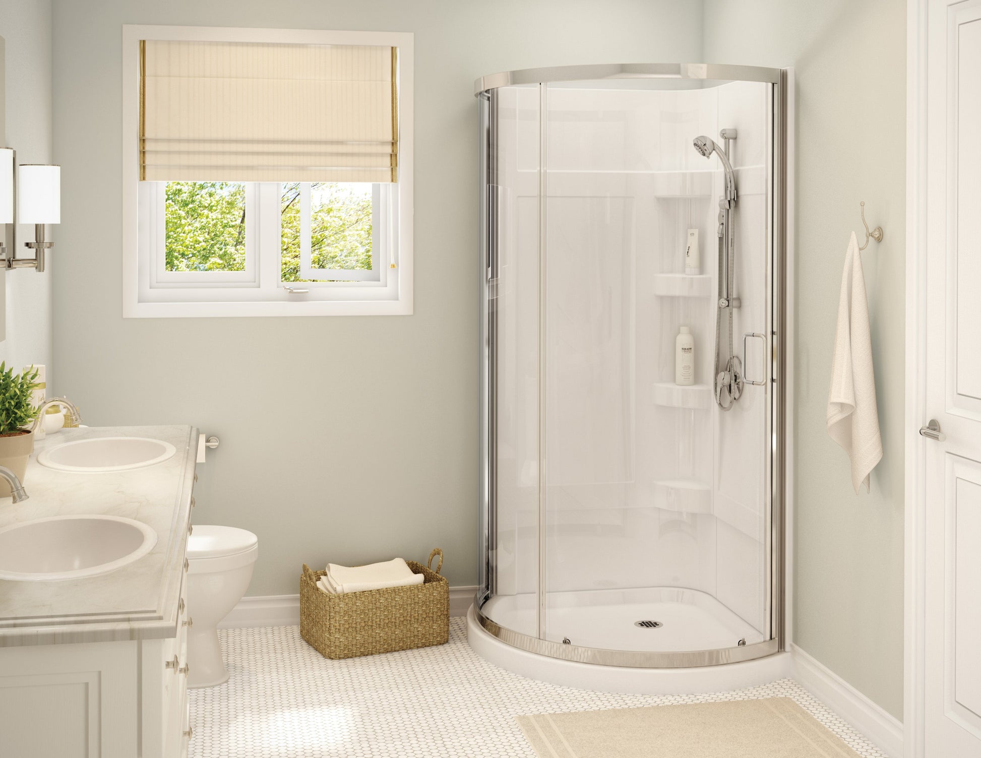 Maax Iris II 34 x 34 Acrylic Center Drain Shower Kit in White with Clear glass in Chrome 300002-000-001-102 - Plumbing Market