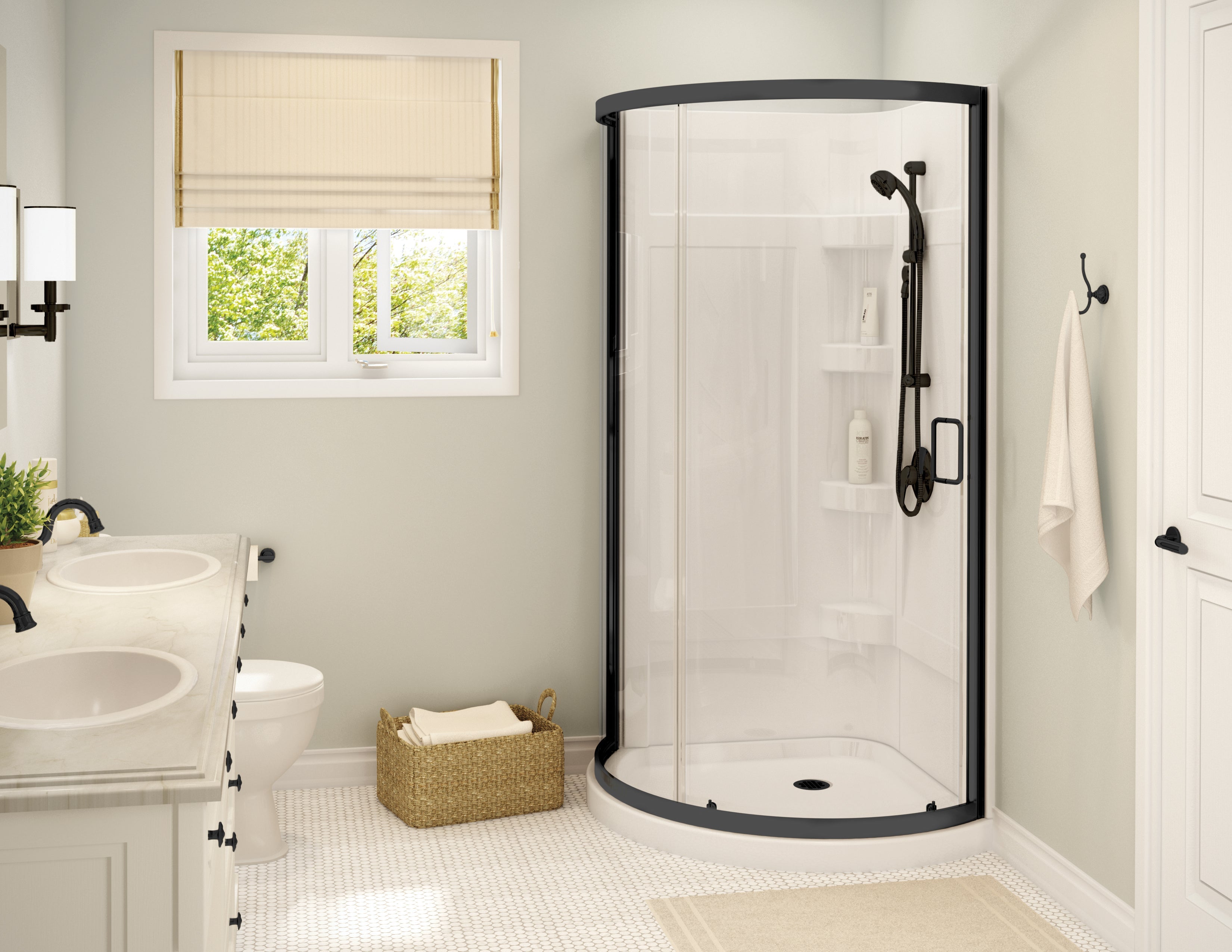 Maax Cyrene 34 x 34 Acrylic Center Drain Shower Kit in White with Clear glass in Matte Black 300001-000-001-105 - Plumbing Market