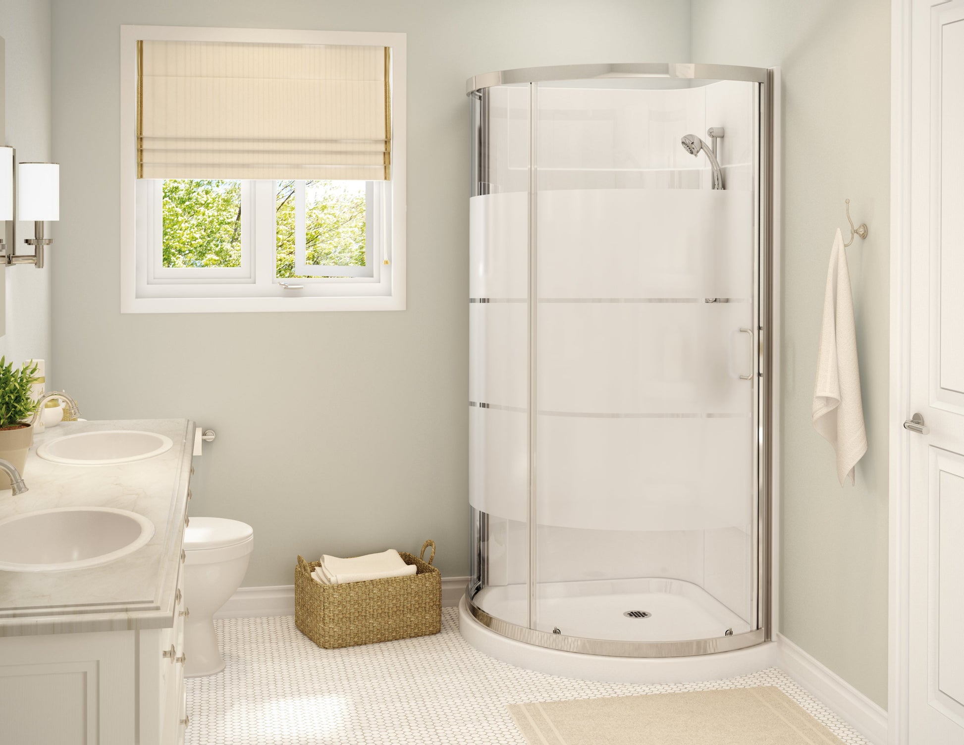 Maax Cyrene 34 x 34 Acrylic Center Drain Shower Kit in White with 3 Stripes glass in Chrome 300001-000-001-103 - Plumbing Market