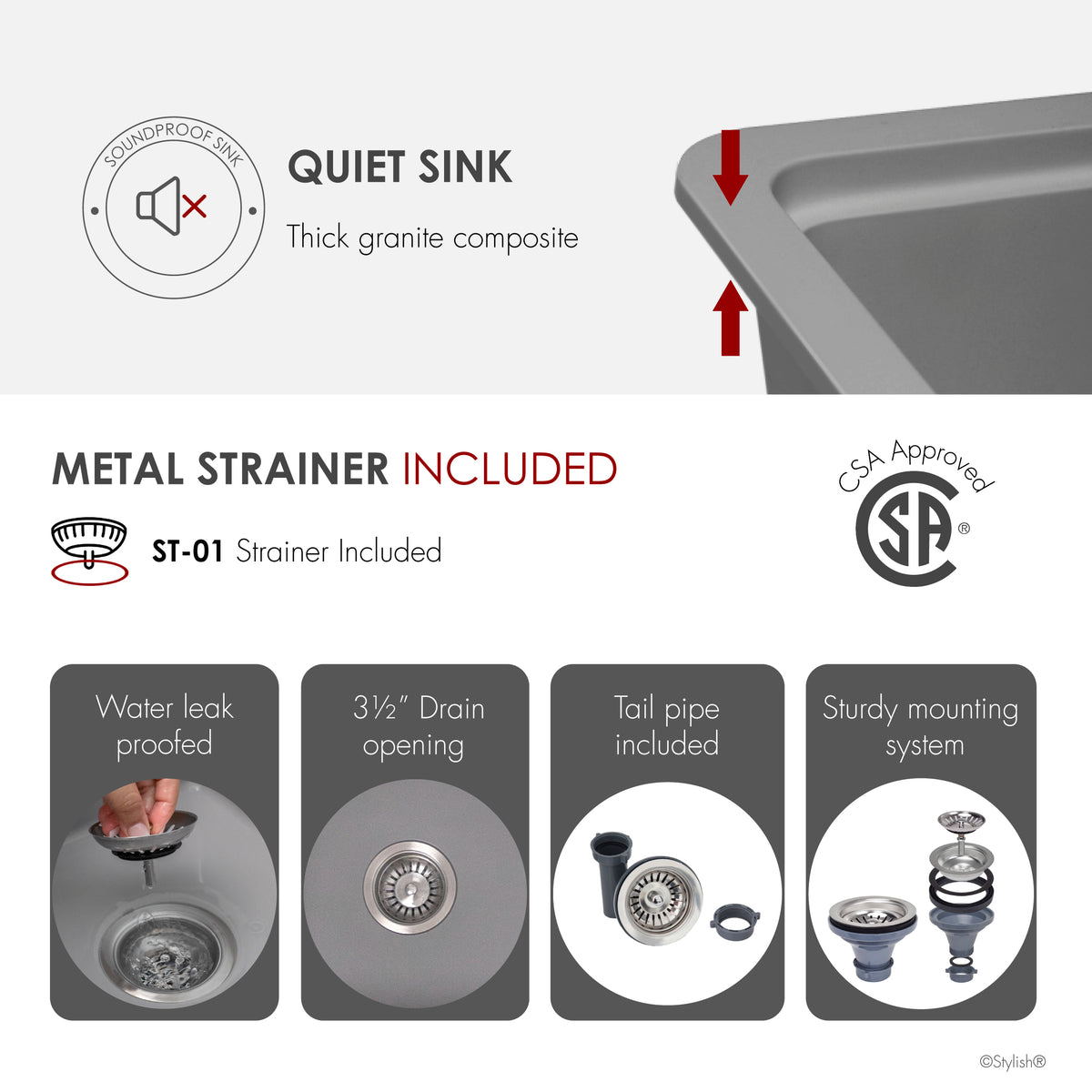 Stylish Canmore 32" Dual Mount Workstation Single Bowl Gray Composite Granite Kitchen Sink with Built in Accessories S-832WLK