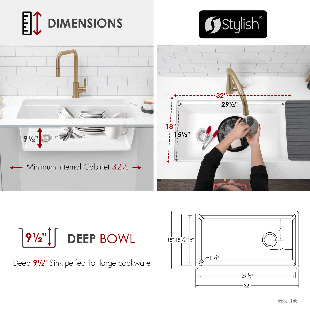 Stylish Canmore 32" Dual Mount Workstation Single Bowl White Composite Granite Kitchen Sink with Built in Accessories S-832WHK