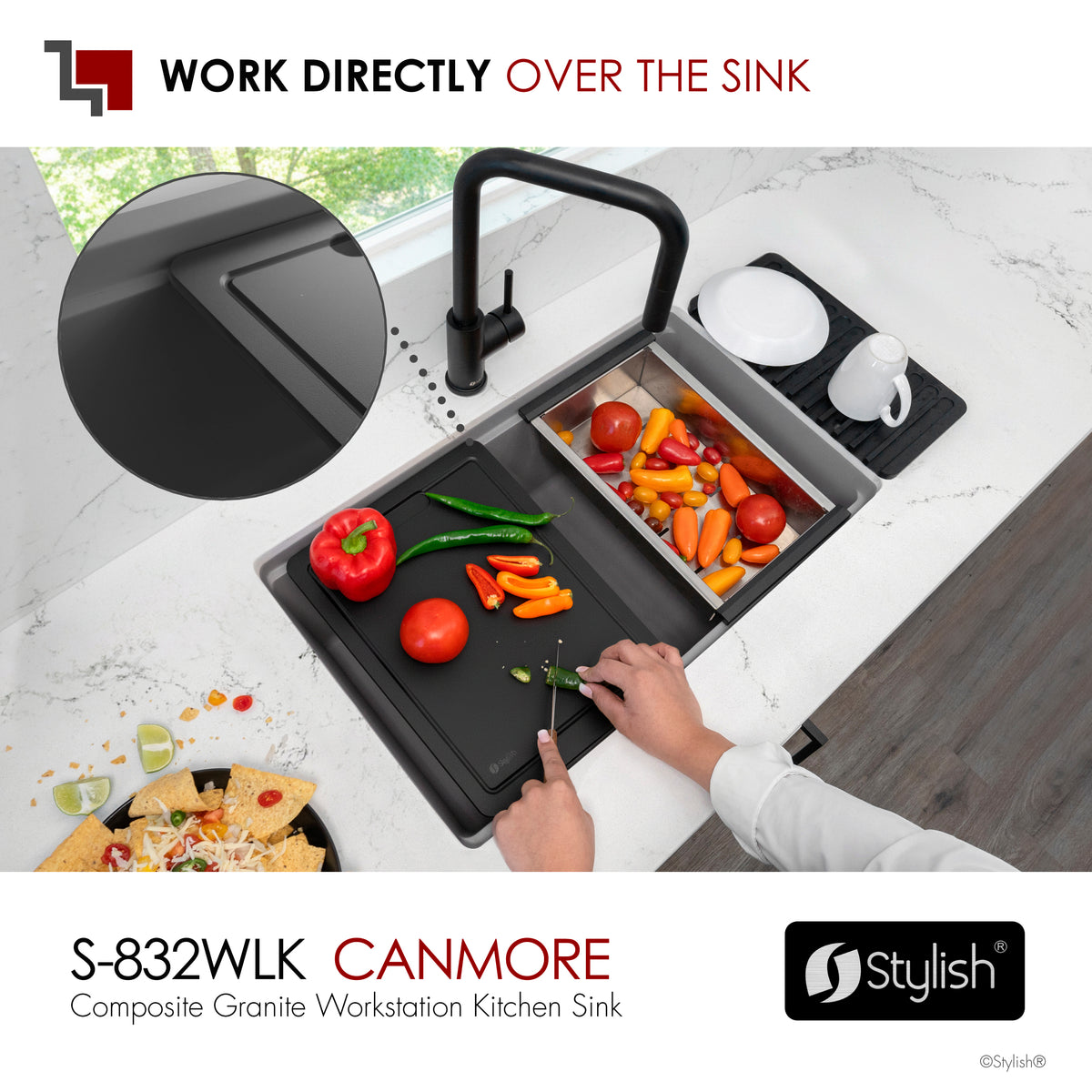 Stylish Canmore 32" Dual Mount Workstation Single Bowl Gray Composite Granite Kitchen Sink with Built in Accessories S-832WLK
