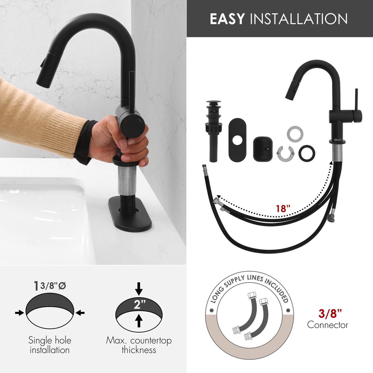 Stylish Aleen Bathroom Faucet Single Handle Matte Black B-114N
