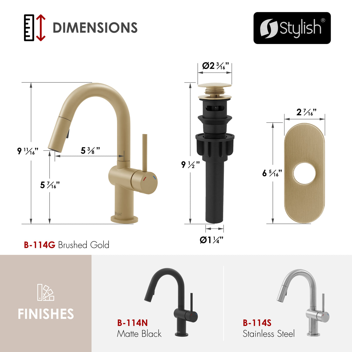 Stylish Aleen Bathroom Faucet Single Handle Brushed Gold B-114G