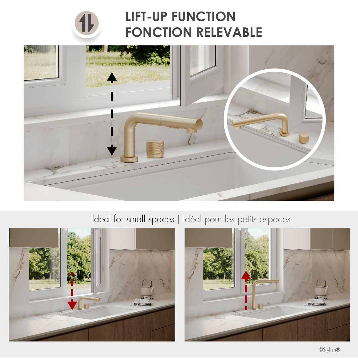 Stylish Fano Single Handle Lift-Up Kitchen Faucet Brushed Gold K-152G