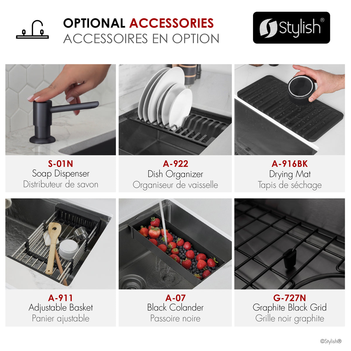 Stylish Onyxo 27" Workstation Single Bowl Undermount 16 Gauge Dura-Tek Kitchen Sink with Black Accessories Included S-727WNK