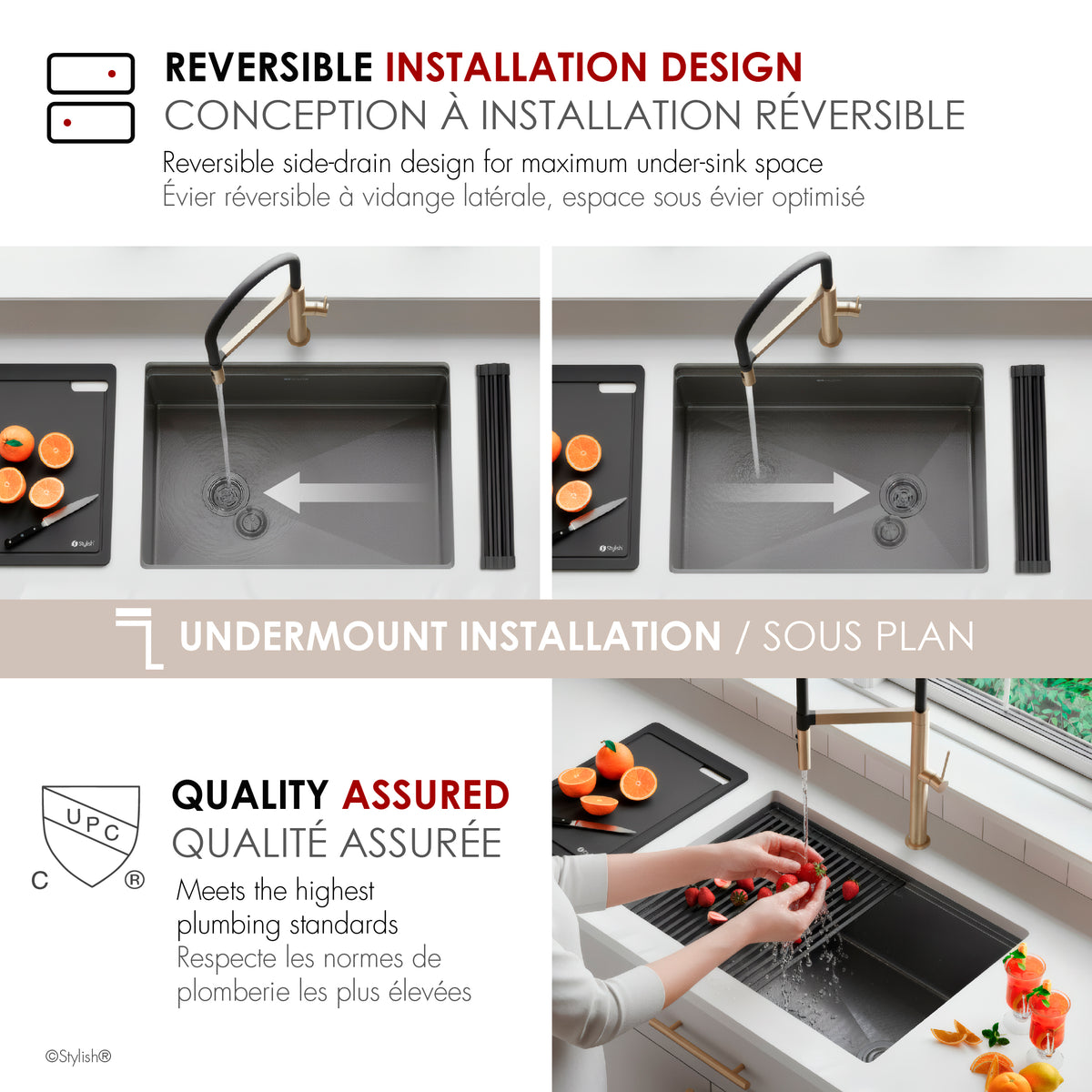 Stylish Onyxo 27" Workstation Single Bowl Undermount 16 Gauge Dura-Tek Kitchen Sink with Black Accessories Included S-727WNK