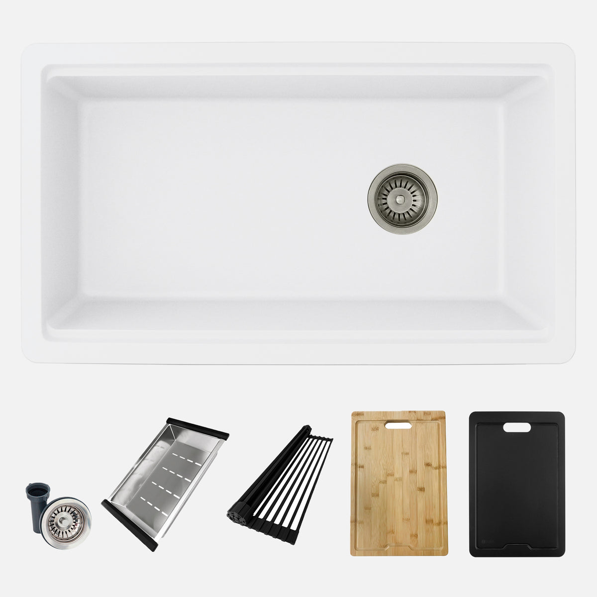 Stylish Canmore 32" Dual Mount Workstation Single Bowl White Composite Granite Kitchen Sink with Built in Accessories S-832WHK