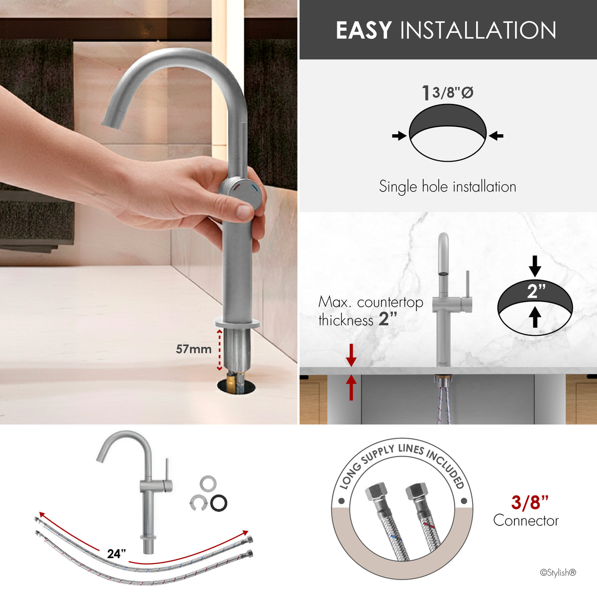 Stylish Cielo Bathroom Faucet Single Handle Stainless Steel B-124S