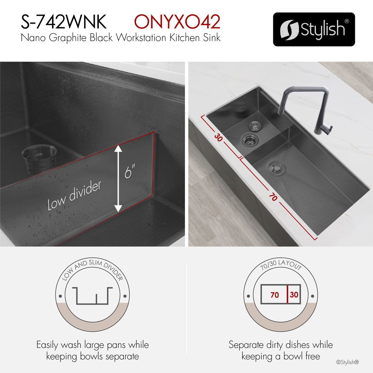 Stylish Onyxo 42" Workstation 70/30 Double Bowl Undermount 16 Gauge Dura-Tek Kitchen Sink with Black Accessories Included S-742WNK