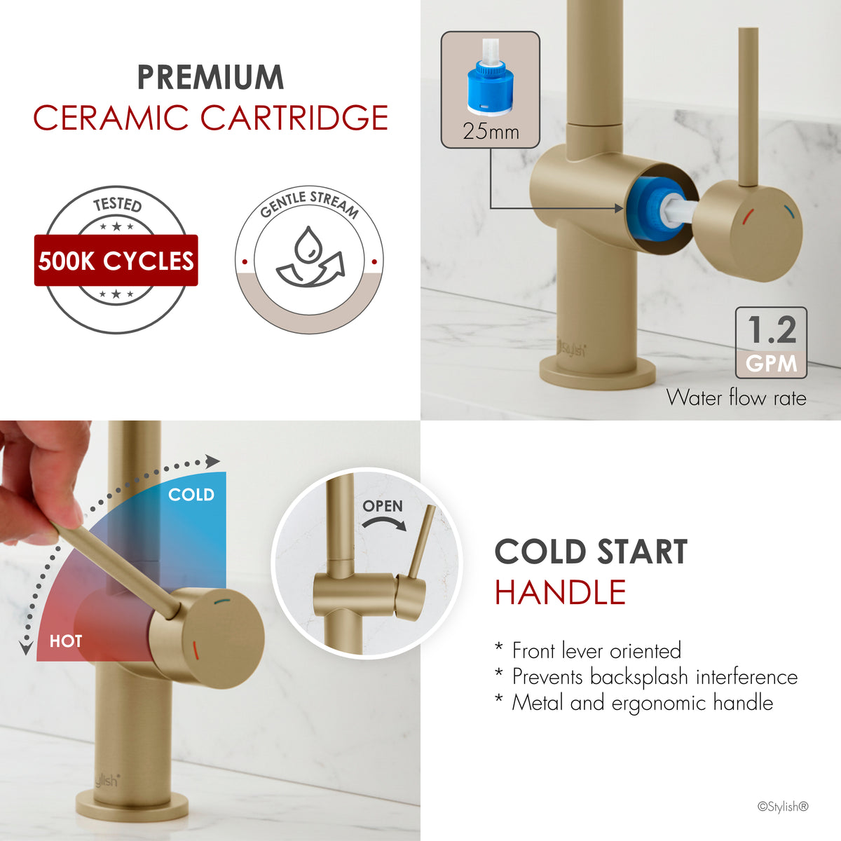 Stylish Aleen Bathroom Faucet Single Handle Brushed Gold B-114G