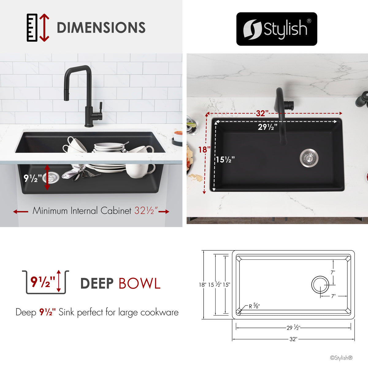 Stylish Canmore 32" Dual Mount Workstation Single Bowl Black Composite Granite Kitchen Sink with Built in Accessories S-832WNK