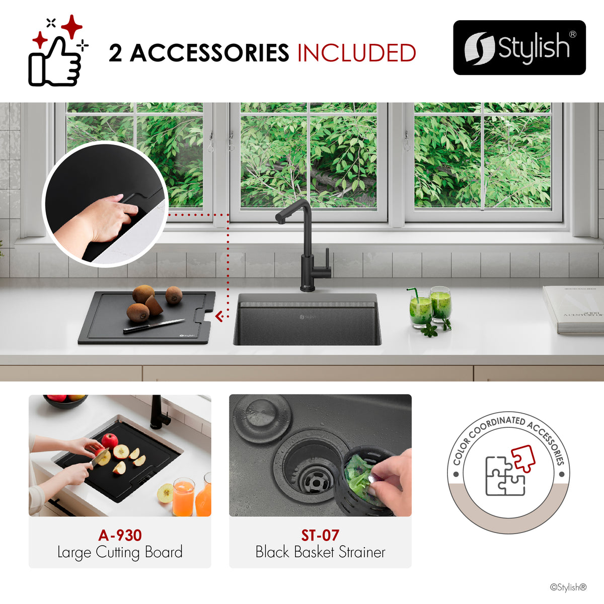 Stylish Onyxo 18" Workstation Single Bowl Undermount 16 Gauge Dura-Tek Kitchen Sink with Black Cutting Board Included S-718WNK