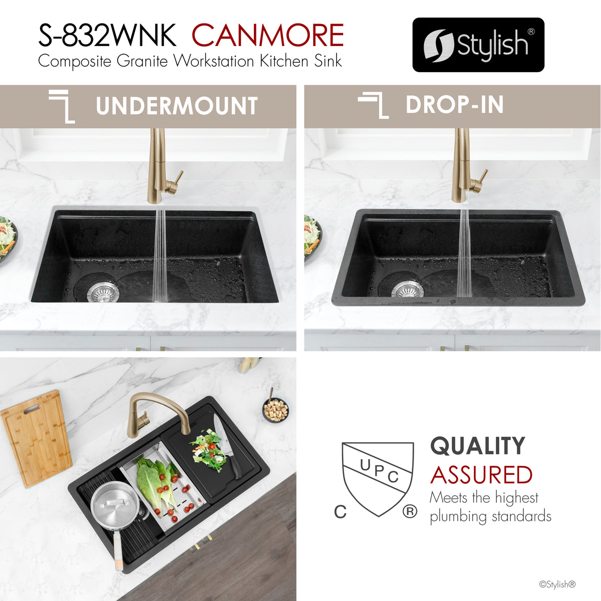 Stylish Canmore 32" Dual Mount Workstation Single Bowl Black Composite Granite Kitchen Sink with Built in Accessories S-832WNK