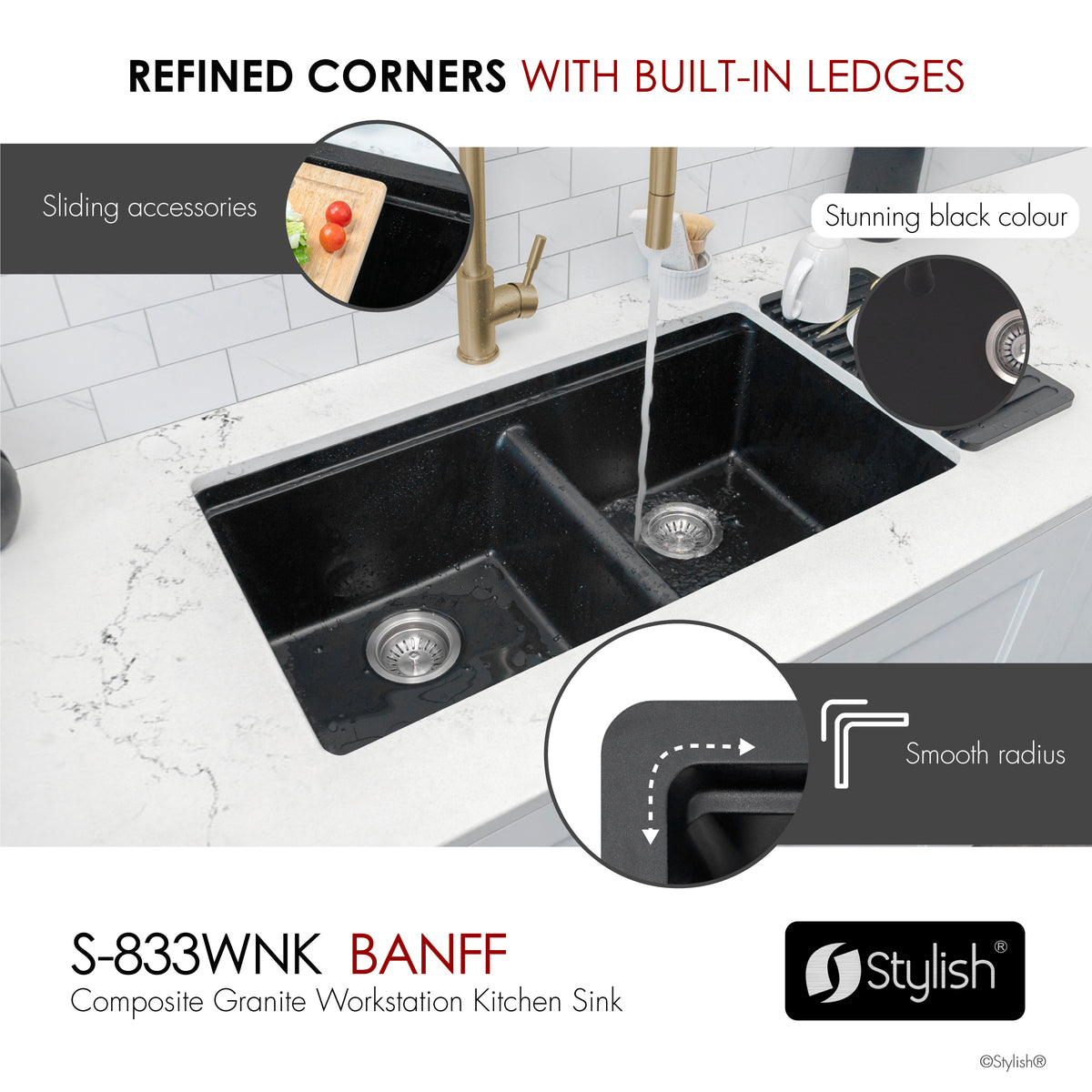 Stylish Banff 33" Dual Mount Workstation Double Bowl Black Composite Granite Kitchen Sink with Built in Accessories S-833WNK