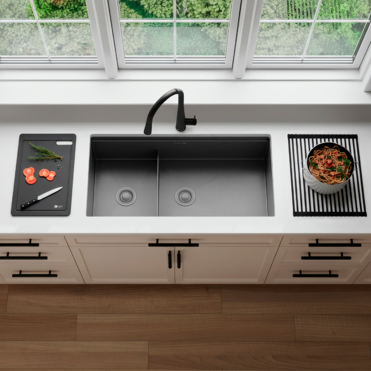 Stylish Onyxo 36" Workstation 60/40 Double Bowl Undermount 16 Gauge Dura-Tek Kitchen Sink with Black Accessories Included S-736WNK