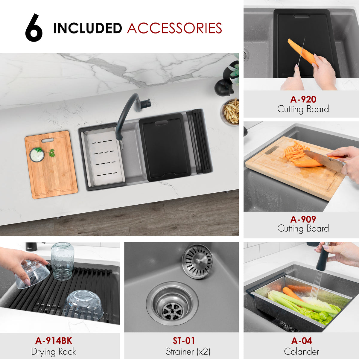 Stylish Banff 33" Dual Mount Workstation Double Bowl Gray Composite Granite Kitchen Sink with Built in Accessories S-833WLK