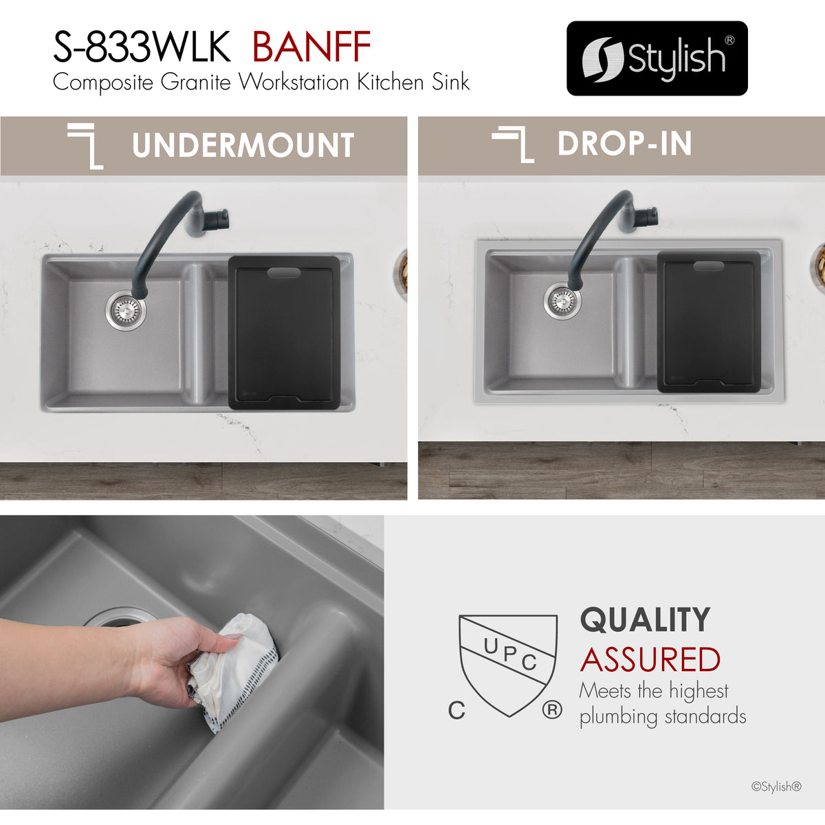 Stylish Banff 33" Dual Mount Workstation Double Bowl Gray Composite Granite Kitchen Sink with Built in Accessories S-833WLK