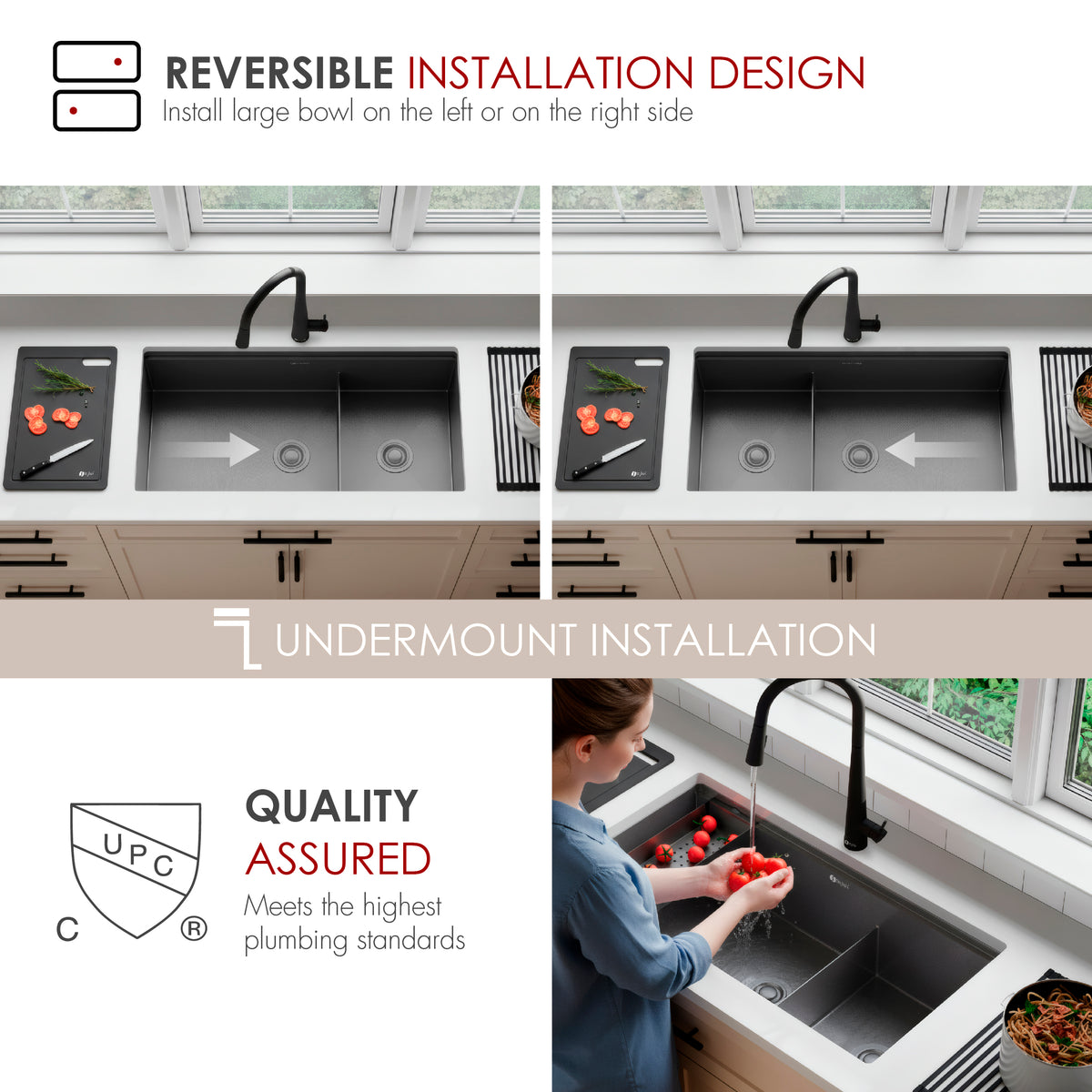 Stylish Onyxo 36" Workstation 60/40 Double Bowl Undermount 16 Gauge Dura-Tek Kitchen Sink with Black Accessories Included S-736WNK
