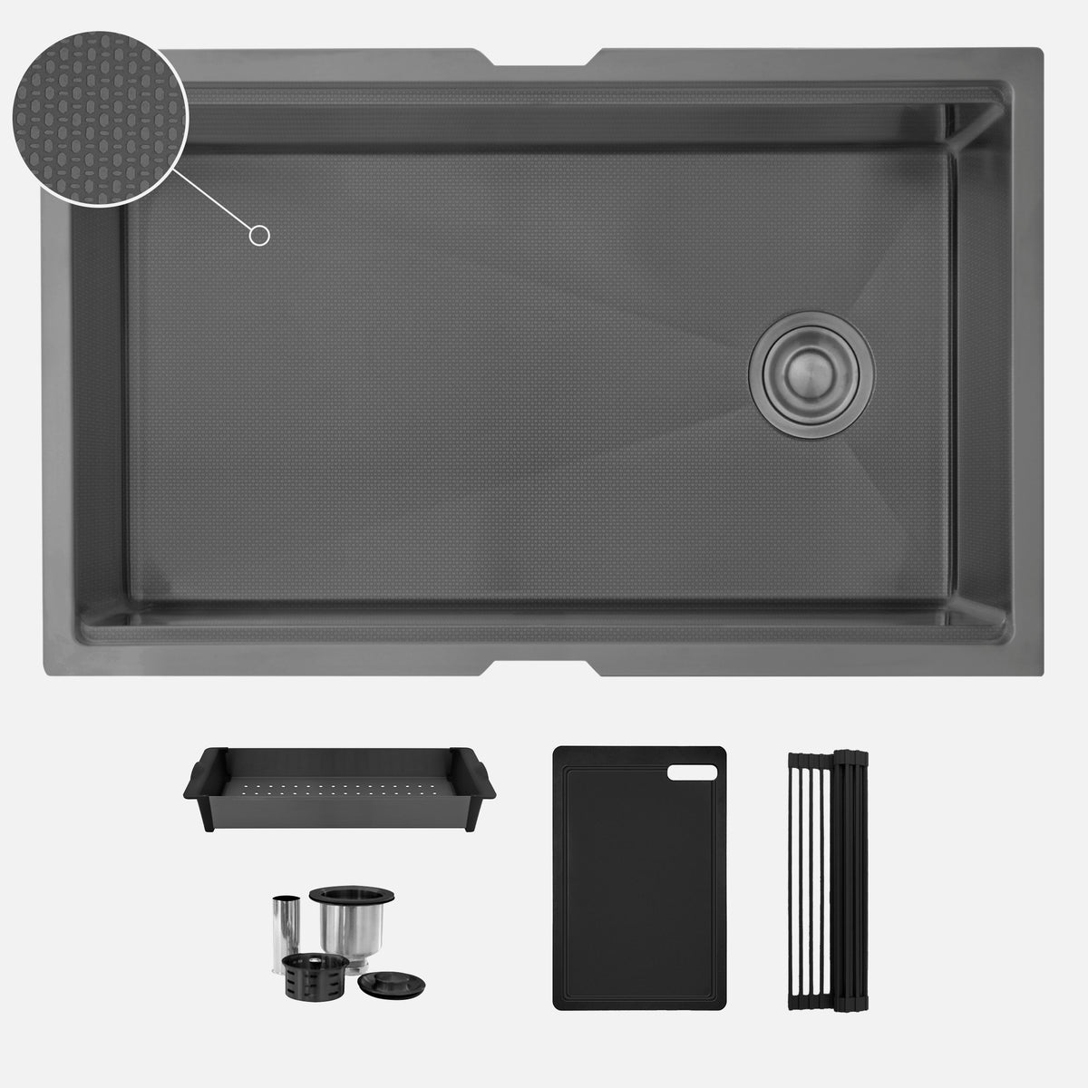 Stylish Onyxo 33" Workstation Single Bowl Undermount 16 Gauge Dura-Tek Kitchen Sink with Black Accessories Included S-733WNK