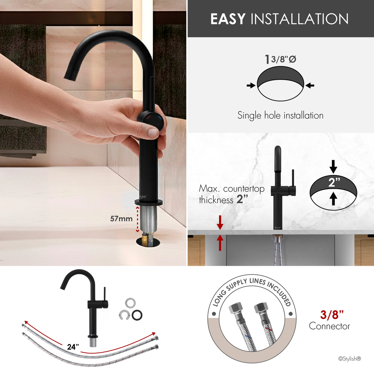 Stylish Cielo Bathroom Faucet Single Handle Matte Black B-124N
