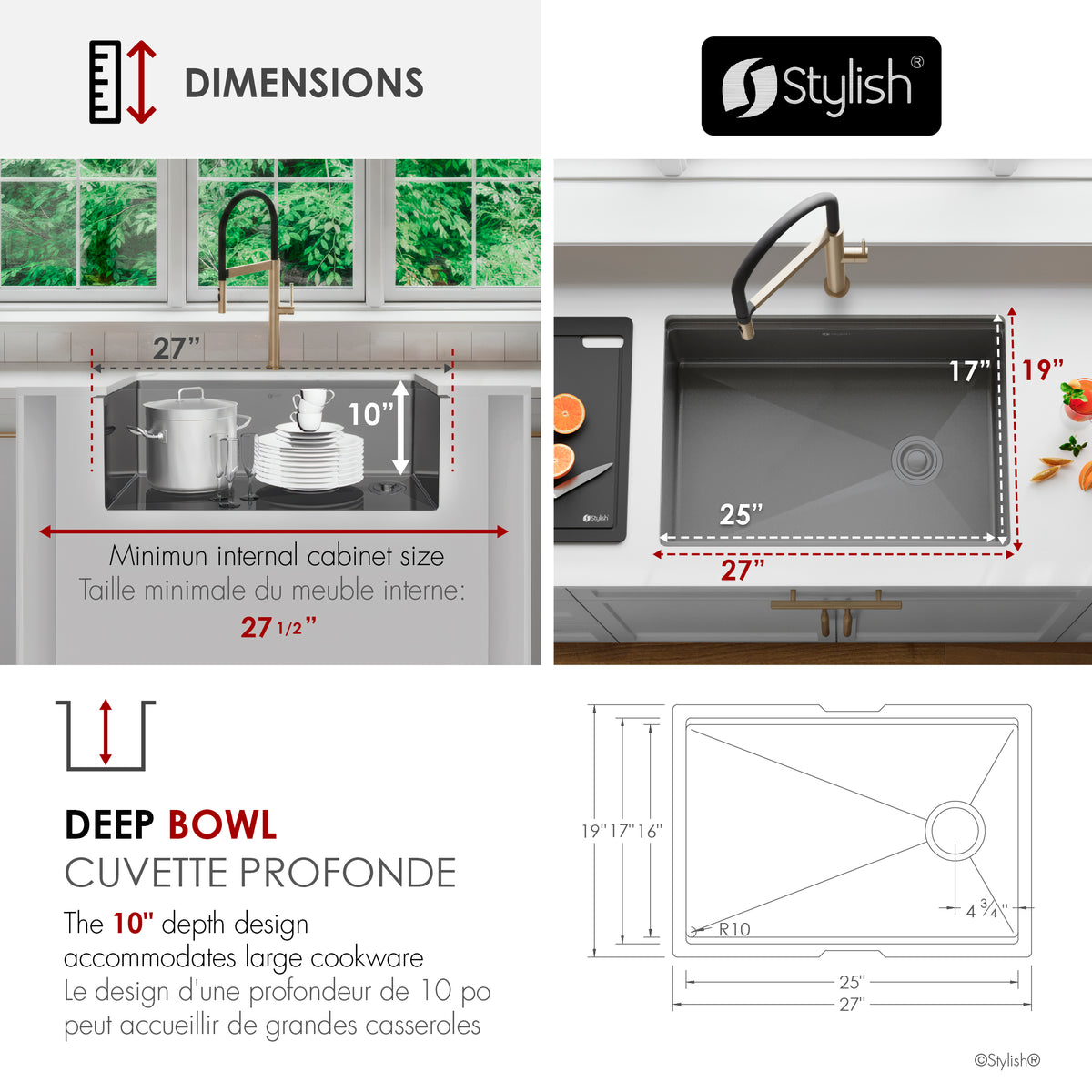Stylish Onyxo 27" Workstation Single Bowl Undermount 16 Gauge Dura-Tek Kitchen Sink with Black Accessories Included S-727WNK