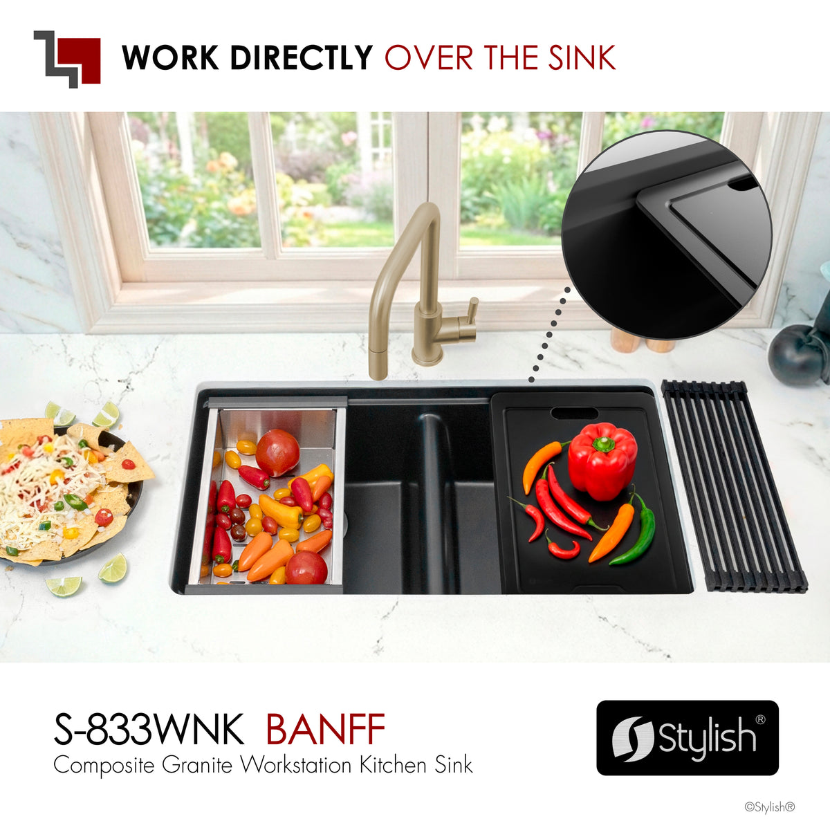 Stylish Banff 33" Dual Mount Workstation Double Bowl Black Composite Granite Kitchen Sink with Built in Accessories S-833WNK