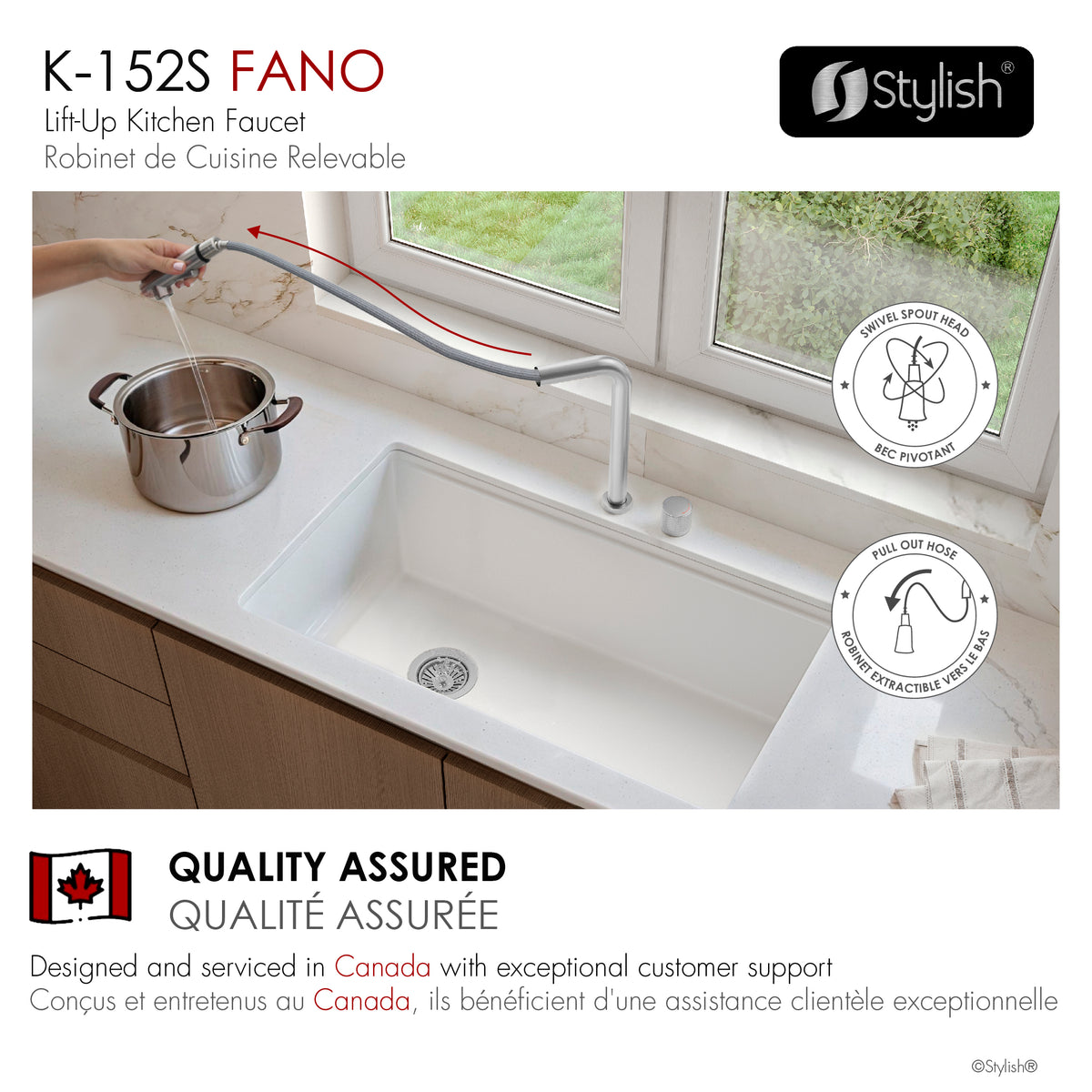 Stylish Fano Single Handle Lift-Up Kitchen Faucet Stainless Steel K-152S