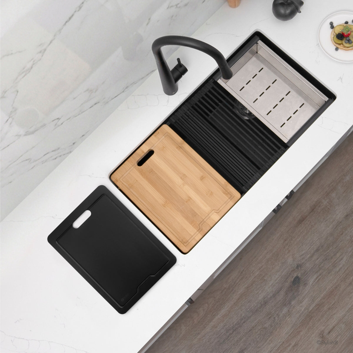 Stylish Banff 33" Dual Mount Workstation Double Bowl Black Composite Granite Kitchen Sink with Built in Accessories S-833WNK