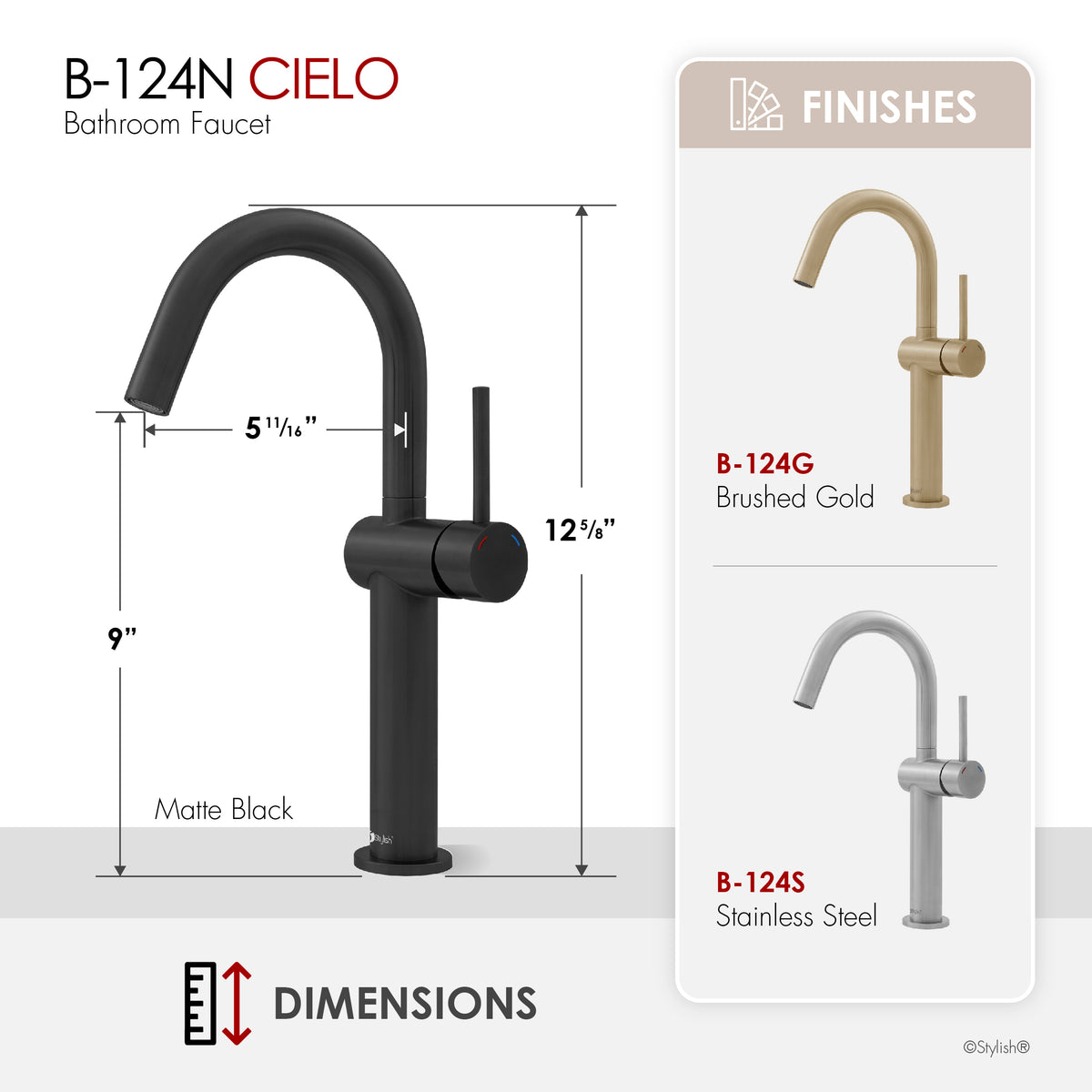 Stylish Cielo Bathroom Faucet Single Handle Matte Black B-124N