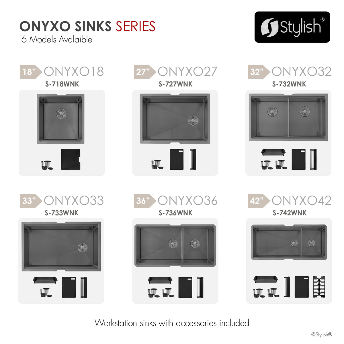 Stylish Onyxo 36" Workstation 60/40 Double Bowl Undermount 16 Gauge Dura-Tek Kitchen Sink with Black Accessories Included S-736WNK
