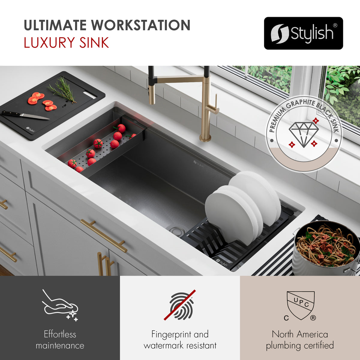 Stylish Onyxo 42" Workstation 70/30 Double Bowl Undermount 16 Gauge Dura-Tek Kitchen Sink with Black Accessories Included S-742WNK
