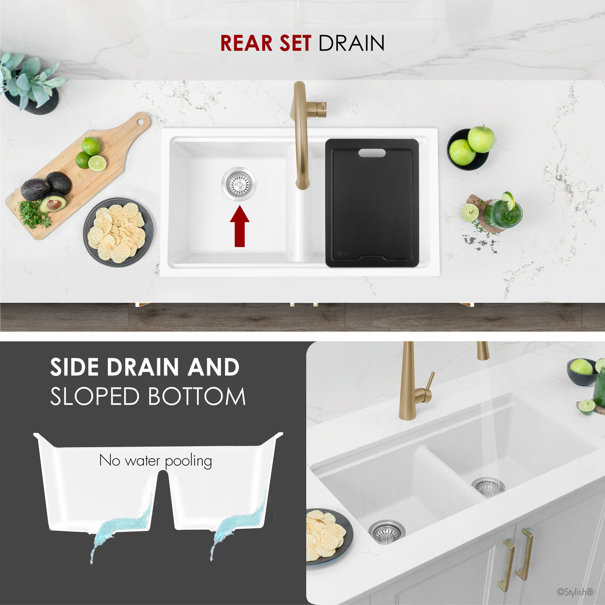 Stylish Banff 33" Dual Mount Workstation Double Bowl White Composite Granite Kitchen Sink with Built in Accessories S-833WHK