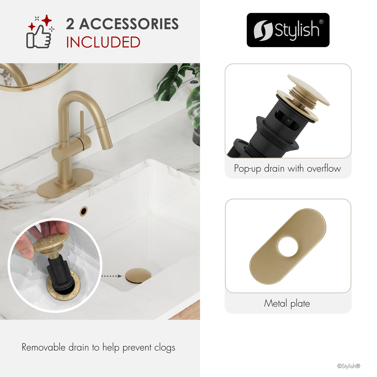 Stylish Aleen Bathroom Faucet Single Handle Brushed Gold B-114G