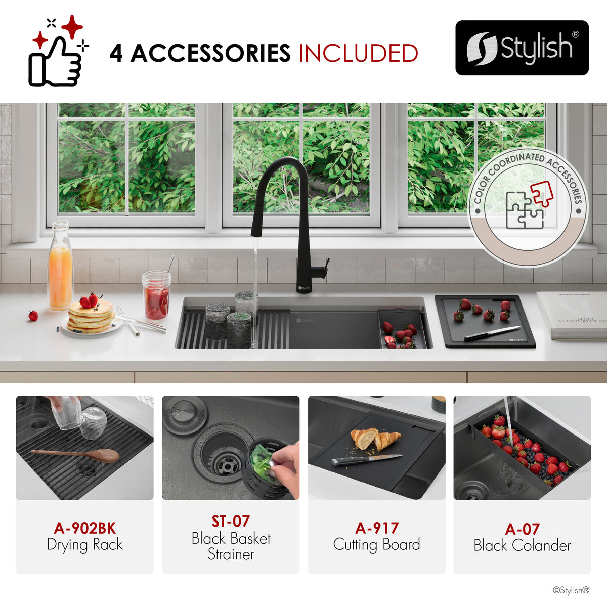 Stylish Onyxo 33" Workstation Single Bowl Undermount 16 Gauge Dura-Tek Kitchen Sink with Black Accessories Included S-733WNK