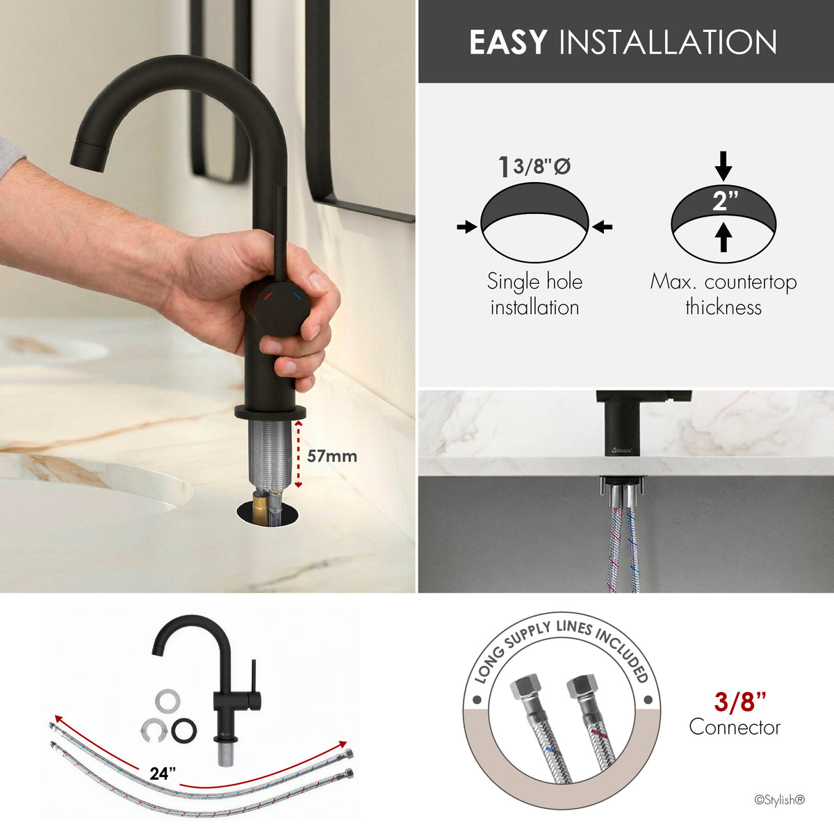 Stylish Alida Bathroom Faucet Single Handle Matte Black B-113N